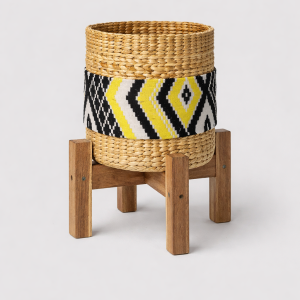 Handwoven Planter Basket with Wooden Stand
